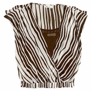 Cato M Chiffon Blouse Semi-Sheer Brown White Striped Cami Elastic Waist Flutter